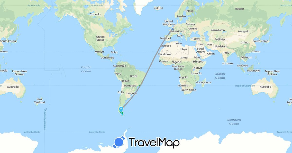 TravelMap itinerary: bus, plane, cycling, hiking, boat in Argentina, Brazil, Chile, France (Europe, South America)